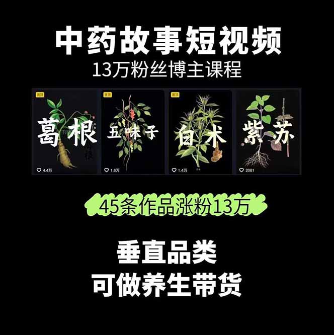 （15925期）中草药养生赛道：AI文案+故事模板+橱带货，45条作品涨粉13w+单月变现1万+
