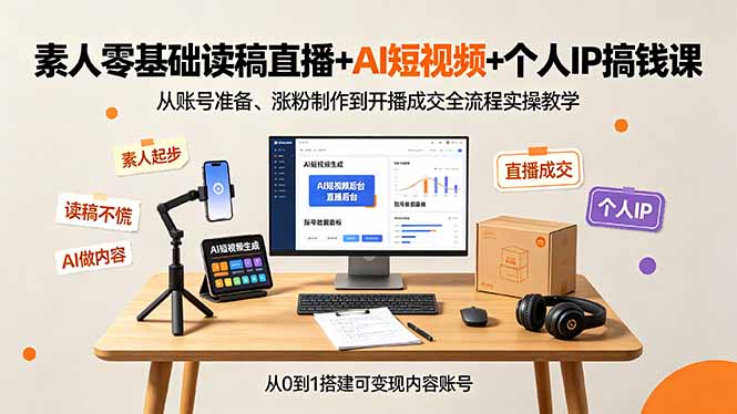 (19232期)素人零基础读稿直播+AI短视频+个人IP搞钱课,从账号准备、涨粉制作到开播成交全流程实操教学