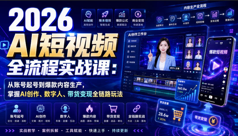 2026 AI短视频全流程实战课：从账号起号到爆款内容生产，掌握AI创作、数字人、带货变现全链路玩法