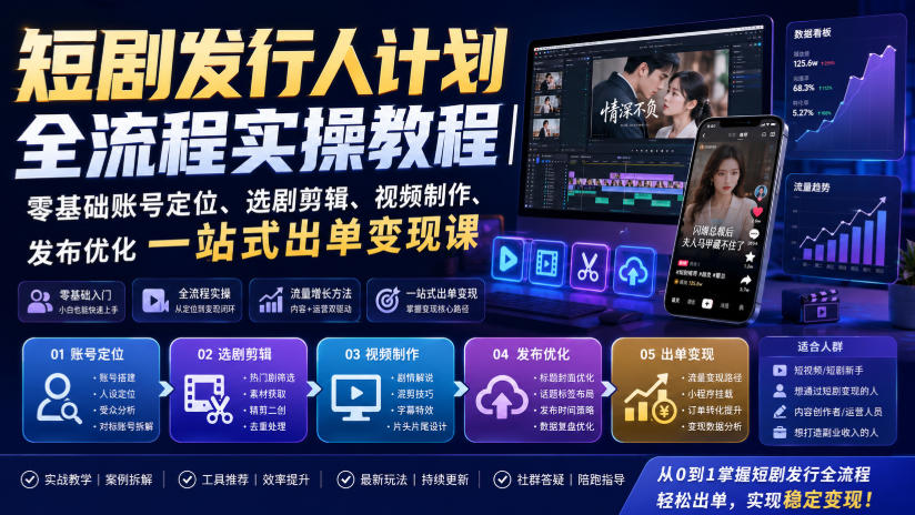 短剧发行人计划全流程实操教程｜零基础账号定位、选剧剪辑、视频制作、发布优化一站式出单变现课​