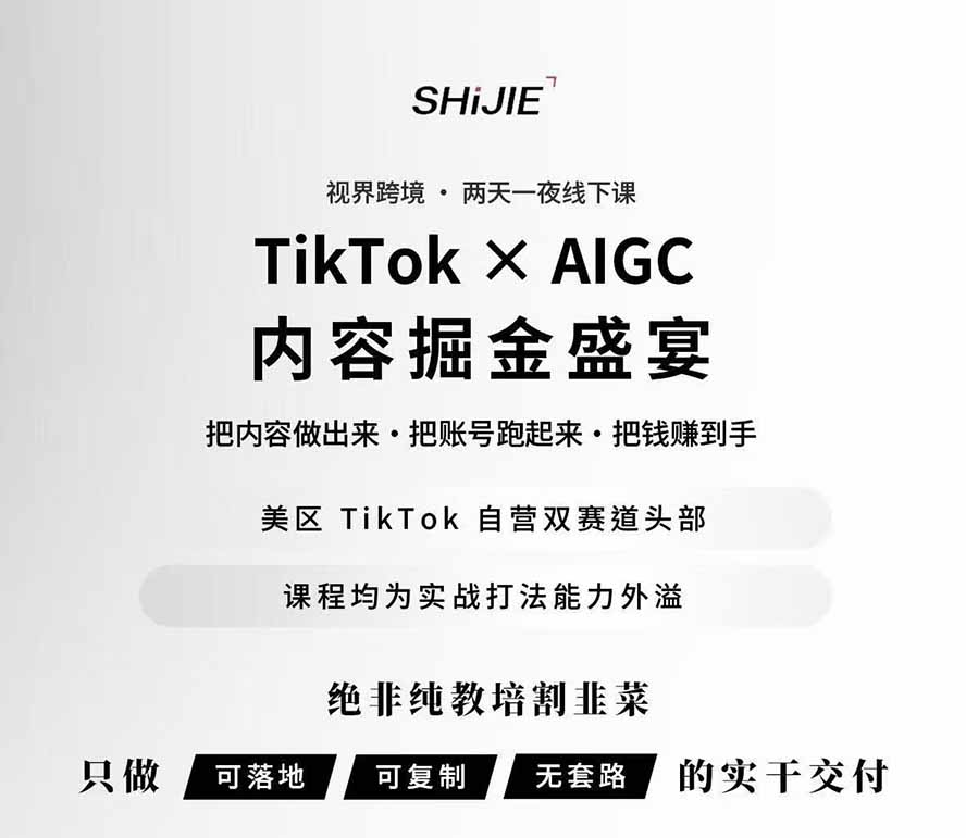 （19778期）AIGC×TikTok美区短视频带货线下课；两天一夜完整回放，12小时高清视频收录头部操盘手全流程教学