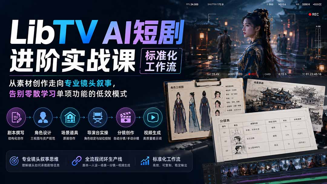 （19836期）LibTV AI短剧进阶实操课标准化工作流；从素材创作走向专业镜头叙事，告别零散学习单项功能的低效模式