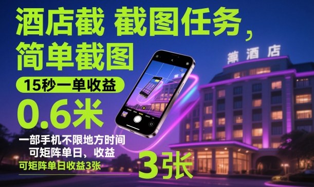 酒店截图任务,简单截图,15秒一单收益0.6米,一部手机不限地方时间,可矩阵单日收益3张