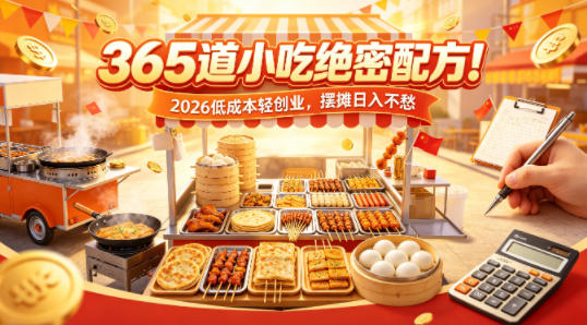 365道小吃绝密配方！2026低成本轻创业，摆摊日入不愁