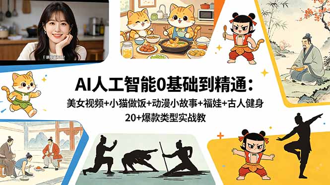（18685期）AI人工智能0基础到精通：美女视频+小猫做饭+动漫小故事+福娃+古人健身，20+爆款类型实战教学