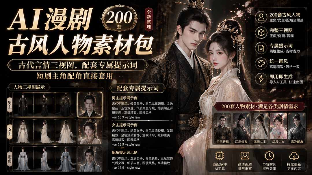 （19693期）AI漫剧古风人物素材包+提示词｜200 套古代言情三视图，配套专属提示词短剧主角配角直接套用