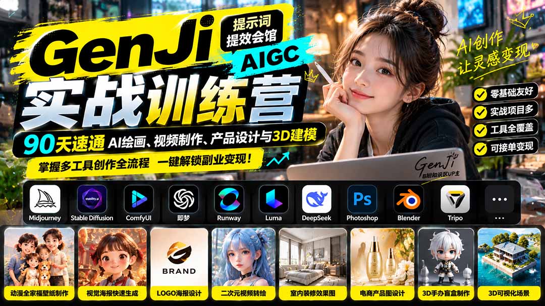 （21192期）GenJi AIGC实战训练营：90天速通AI绘画、视频制作、产品设计与3D建模，掌握多工具创作全流程