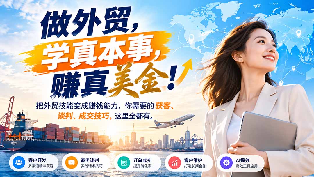 (21106期)做外贸,学真本事,赚真美金!把外贸技能变成赚钱能力,你需要的获客、谈判、成交技巧,这里全都有